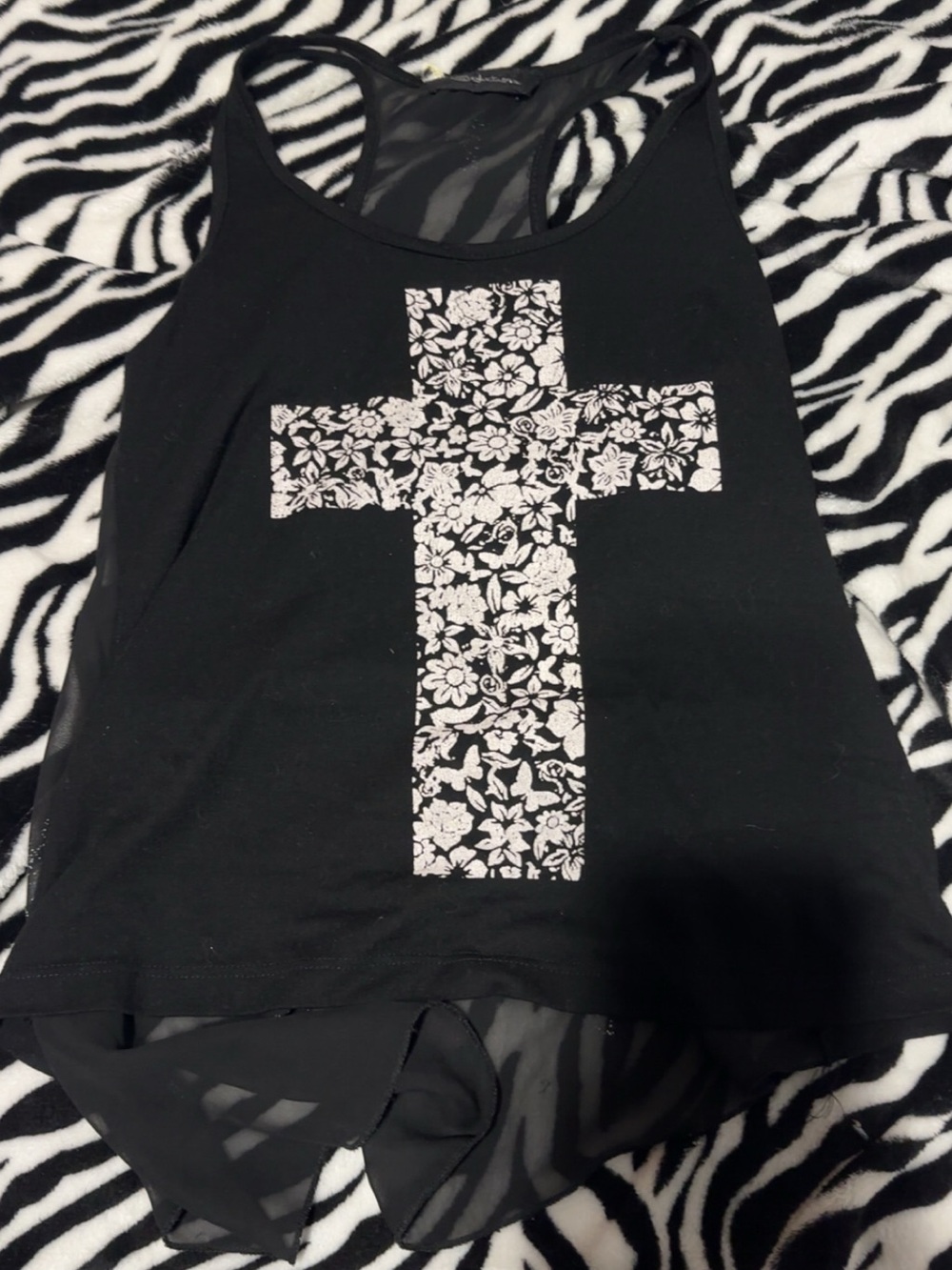 Black Racerback Tank with White Floral Cross